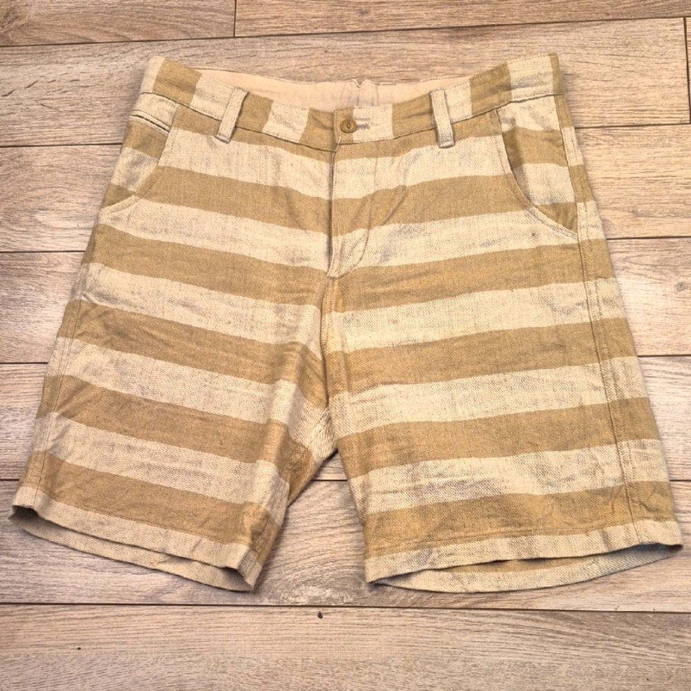 VLAS BLOMME Tan Beige Striped Weave LINEN Sz 32 Mens Casual Flat Front Shorts‎